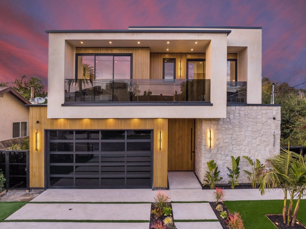 Modern home with stylish exterior wall panels.