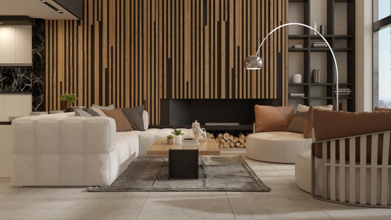Elegant luxury wall paneling in a modern living room.