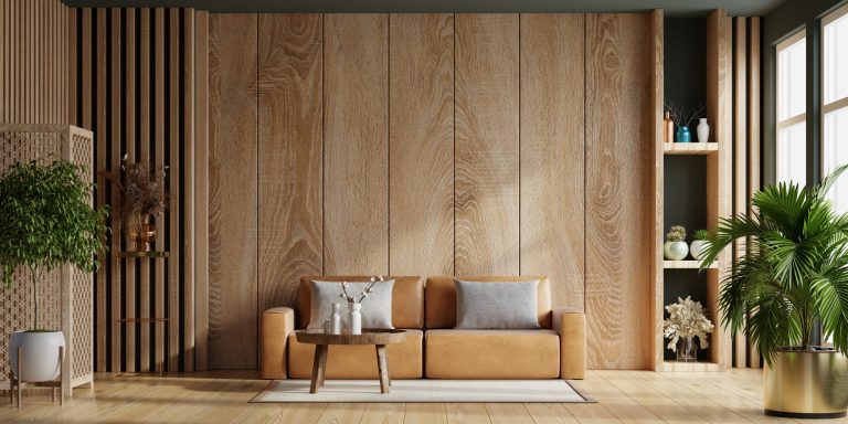 Modern living room with a wood-textured decoration panel as a statement feature.