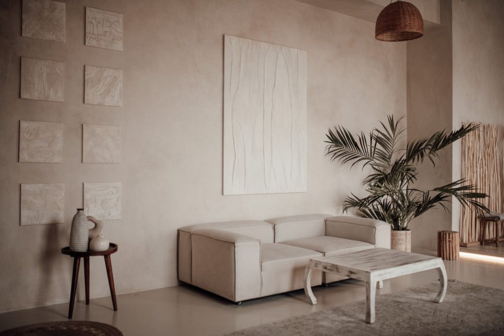 Modern home decor in a minimalist living room with neutral color palette and contemporary furniture.