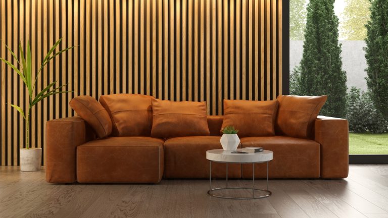 A modern living room with slatted wood panels for a feature wall.