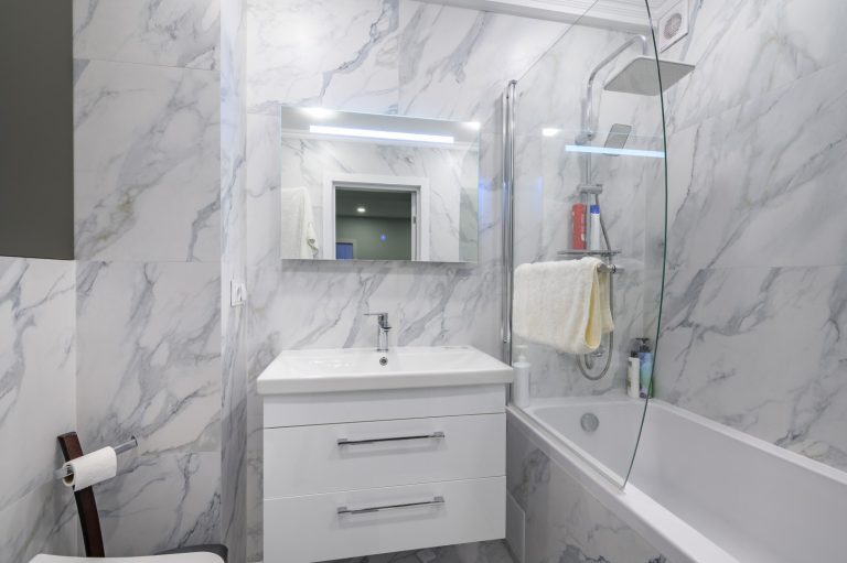 PVC wall panels in a sleek modern bathroom setting.
